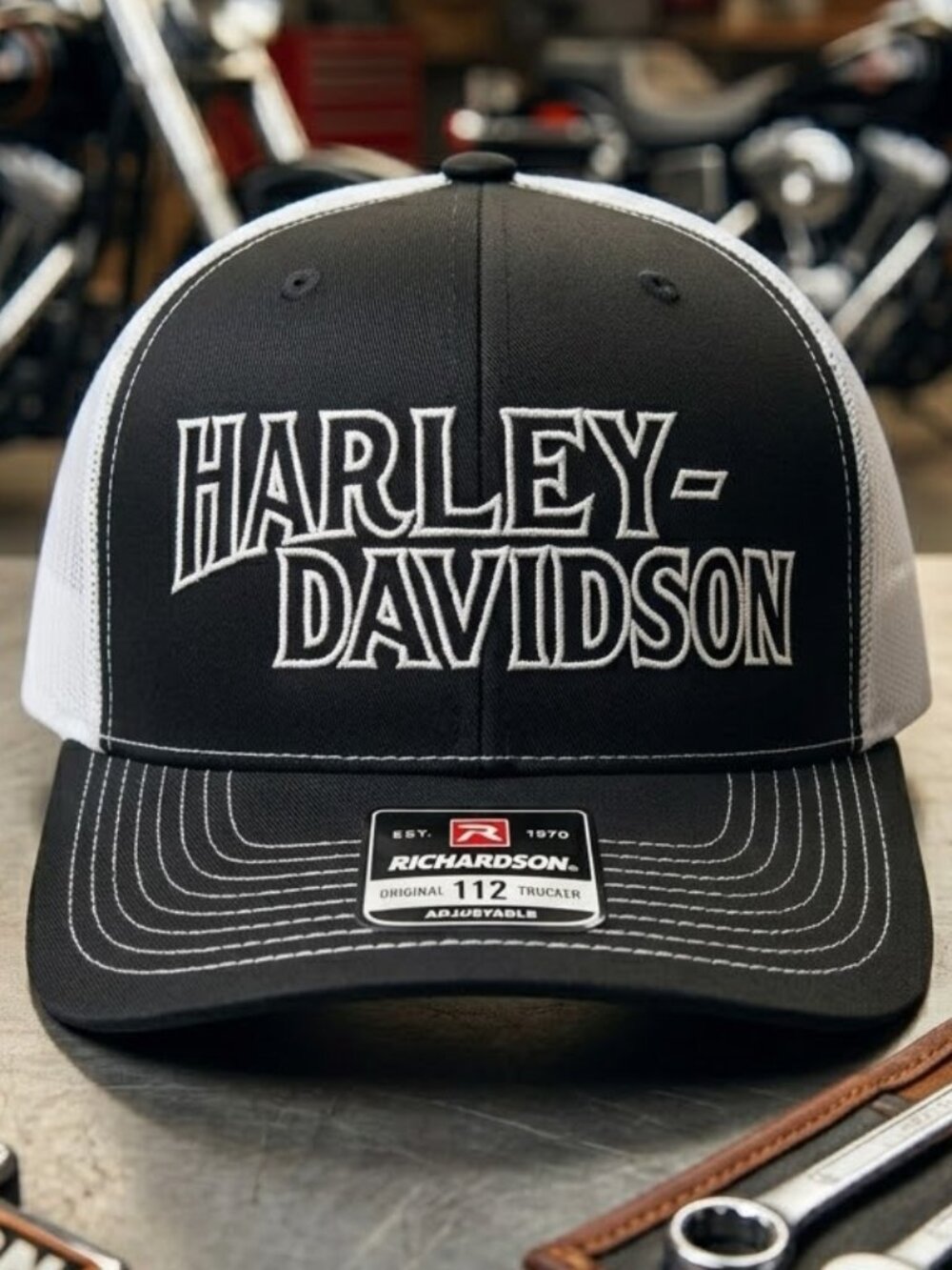 Harley Davidson Embroidered Black White Richardson 112 Trucker Hat Cap New Biker